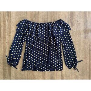 Michael Kors Navy Blue Gold Foil Medallion Off The Shoulder Ruffle Blouse